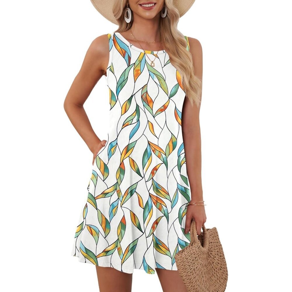 Women's Bu Ye Dye Leaf Sleeveless Crew Neck Summer Boho Beach Dress with Pockets